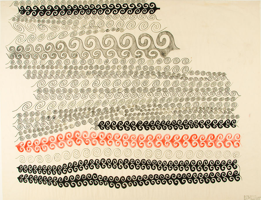 Drawing of horizontally stacked wave patterns in black, grey, and orange